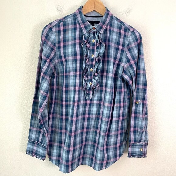 Tommy Hilfiger Womens Small Plaid Ruffle Front Button Up Shirt Long Sleeve Top - Picture 1 of 11